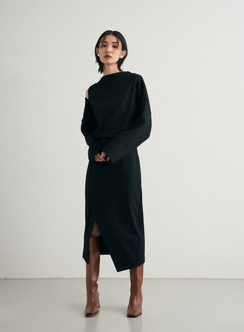 異材質拼接開衩直筒裙